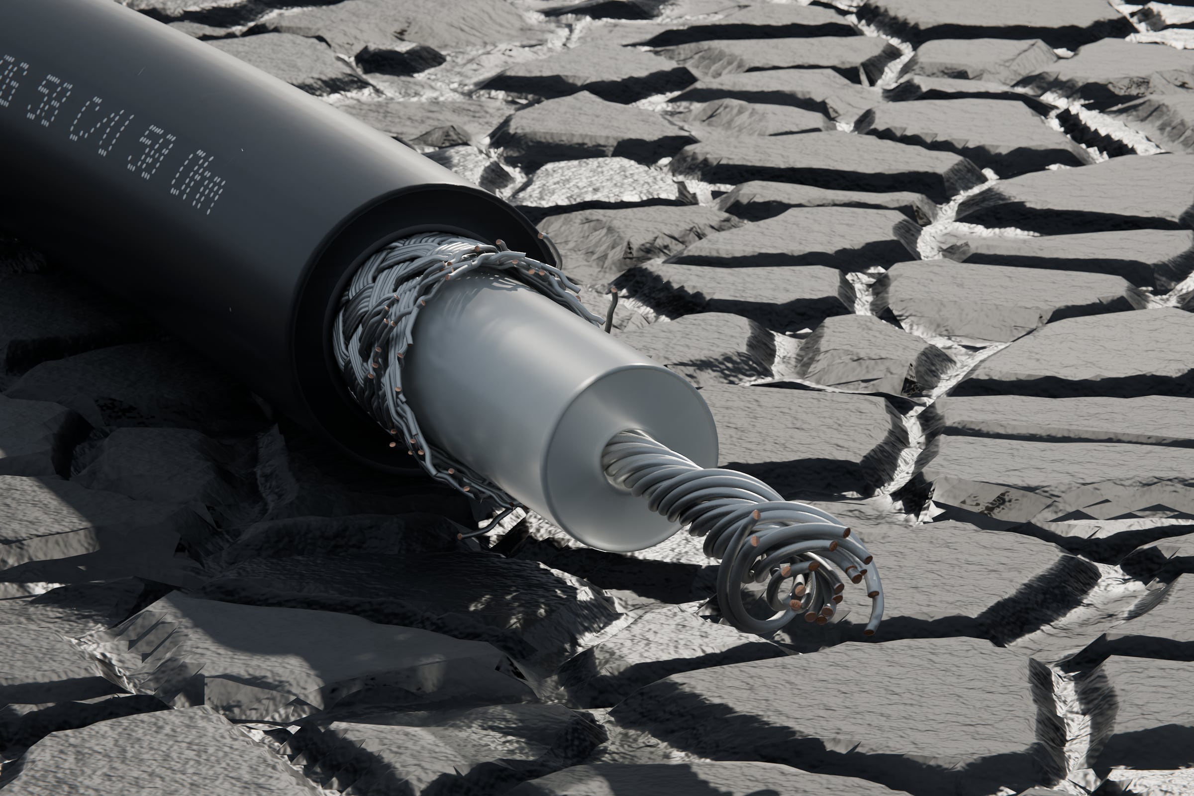 3D-Rendering: Blick auf das Kabelende – Koaxialkabel RG 58 mit schwarzem Mantel, verzinntem Geflecht, heller Isolierung und verseiltem Leiter, im Tageslicht auf Asphalt, Aufdruck „Cable Creations“