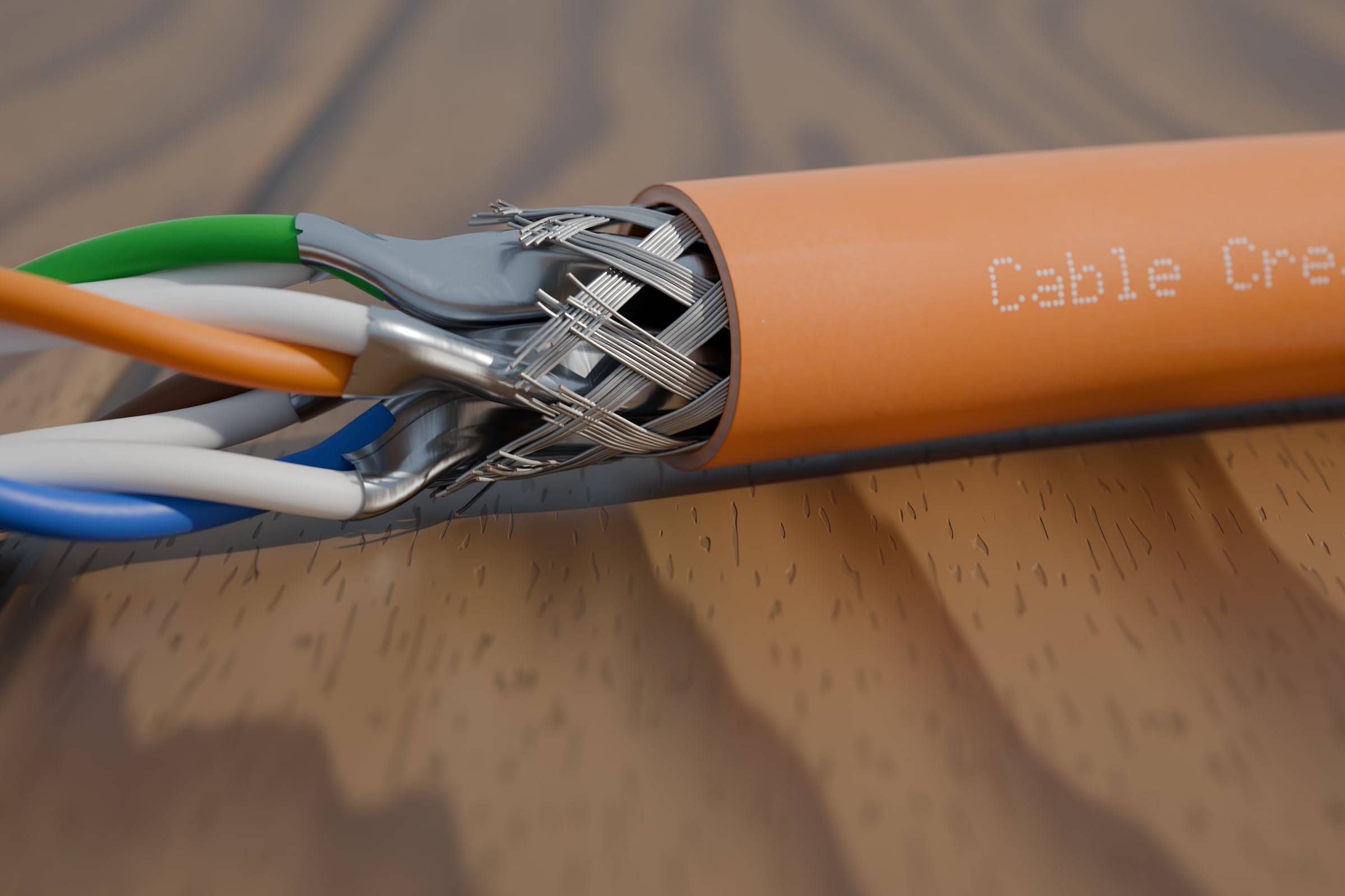 3D-Rendering: Das abgesetzte Ende liegend, aus der Nähe – Datenkabel S/FTP AWG 26 mit orangem Mantel, Geflechtschirm und vier verseilten Aderpaaren aus Litze, jedes in Folie geschirmt, im Tageslicht auf Holz, Aufdruck „Cable Creations“